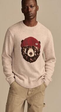 Lucky Brand Crew Neck Bear Intarsia Sweater Beige Men's L